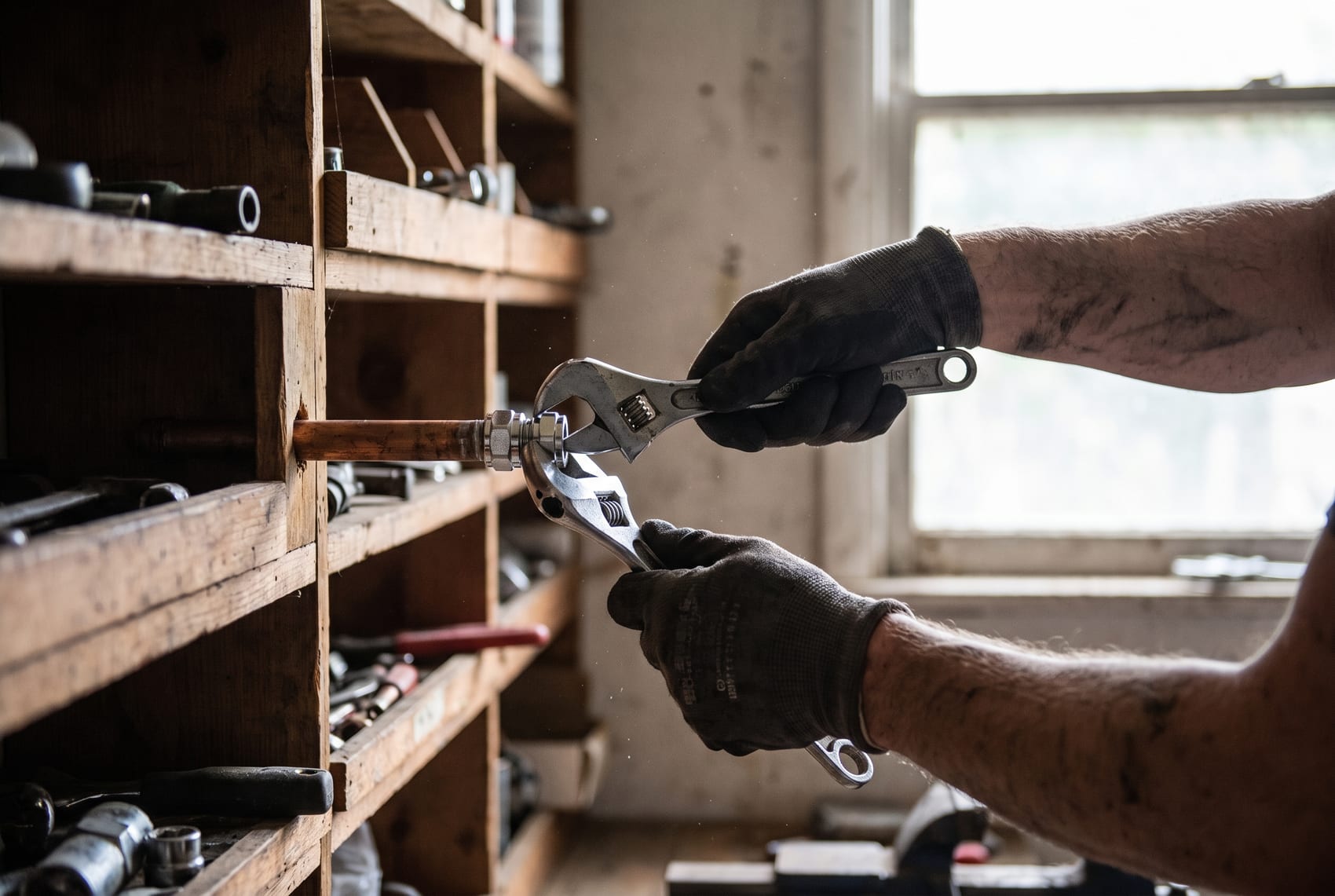A plumber fitting a copper pipe with precision