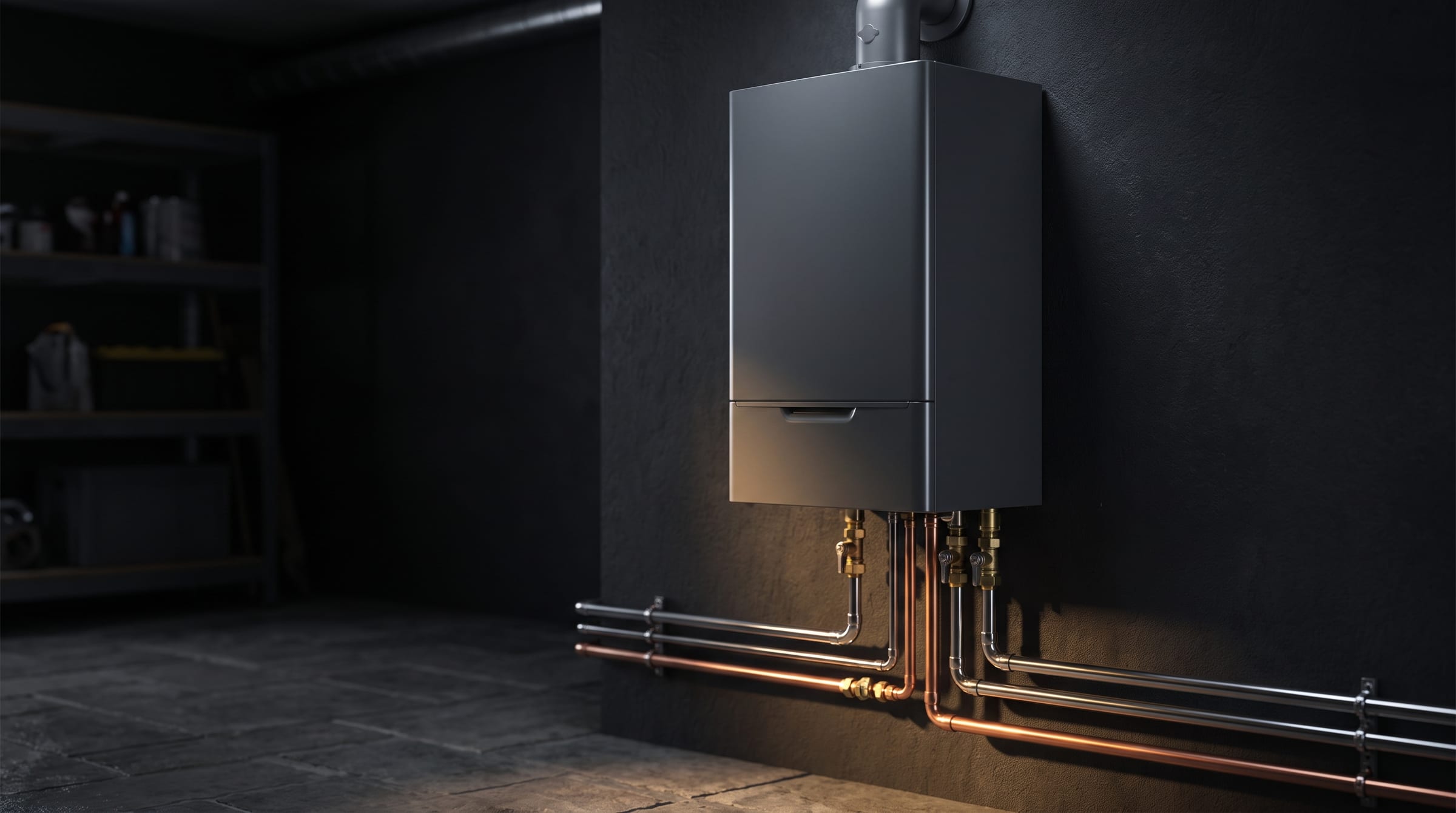 Copper pipework and a wall-mounted boiler installed by {{BUSINESS_NAME}}